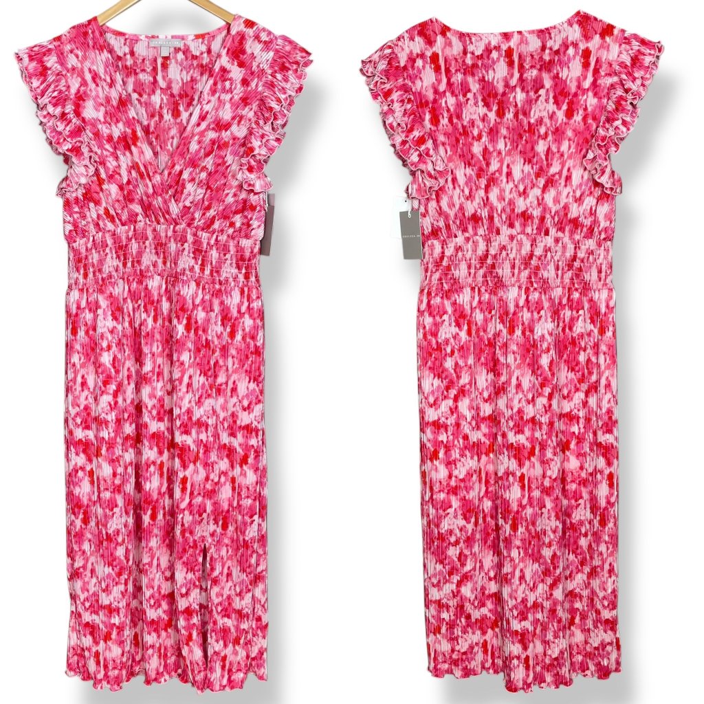 Chelsea28 Dress Flutter Sleeve Pliss Midi Dress Nwt Pink Red Artful Petals Lrg — image 2 of 8